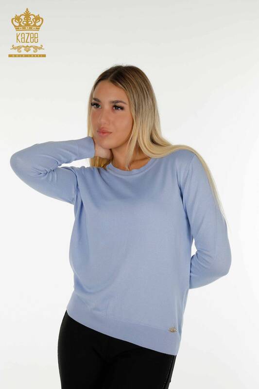 Wholesale Women's Knitwear Sweater Basic Blue with Logo - 11052 | KAZEE