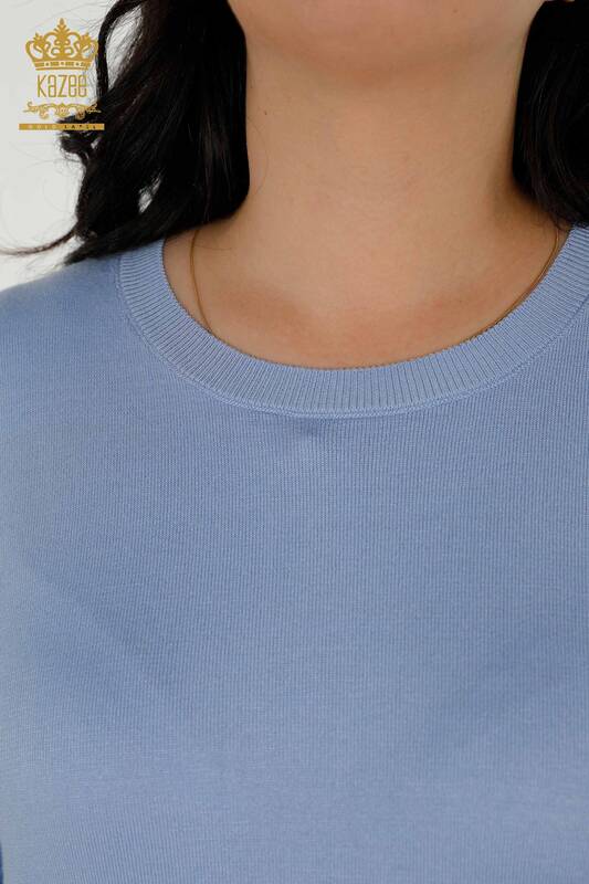 Wholesale Women's Knitwear Sweater - Basic - With Logo - Blue - 30213 | KAZEE