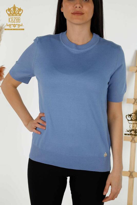 Wholesale Women's Knitwear Sweater - Basic - With Logo - Blue - 30254 | KAZEE