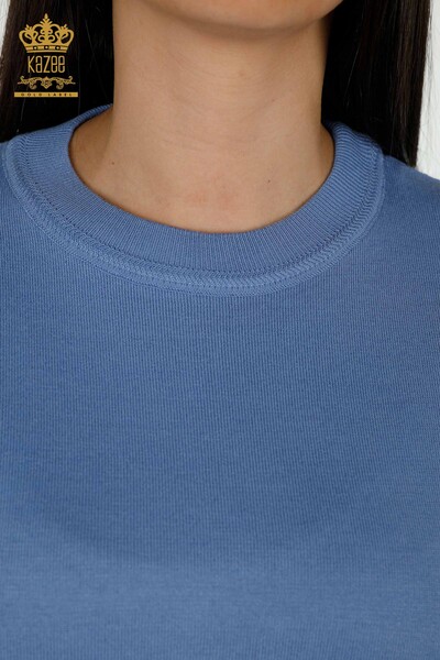 Wholesale Women's Knitwear Sweater - Basic - With Logo - Blue - 30254 | KAZEE - Thumbnail
