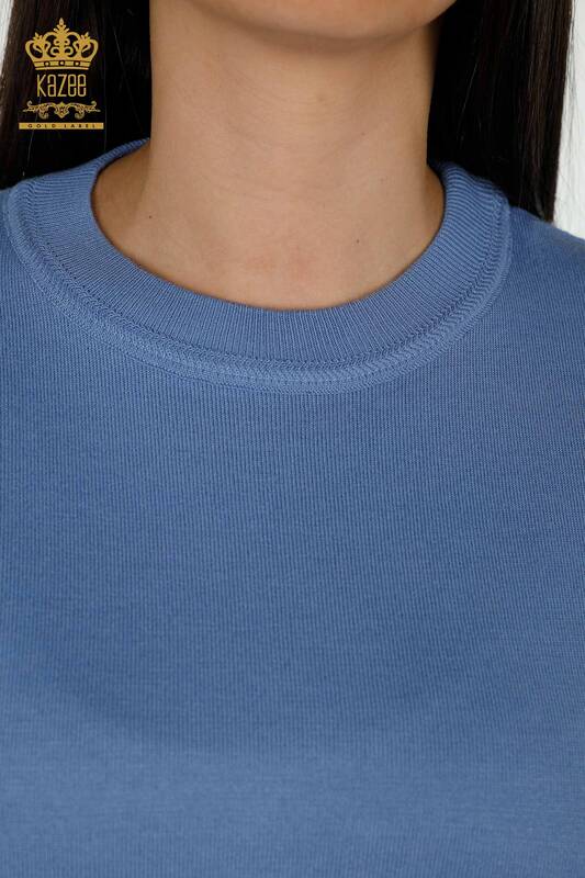 Wholesale Women's Knitwear Sweater - Basic - With Logo - Blue - 30254 | KAZEE