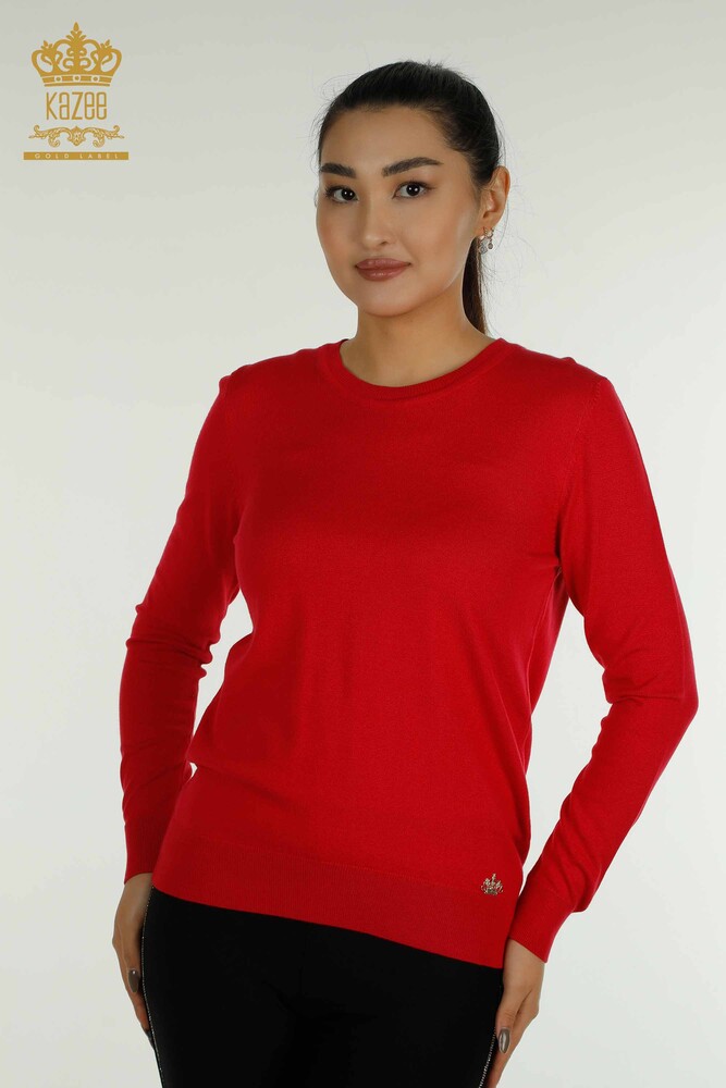 Wholesale Women's Knitwear Sweater Basic with Logo Coral - 11052 | KAZEE - 1