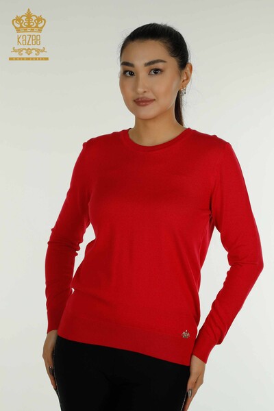 Wholesale Women's Knitwear Sweater Basic with Logo Coral - 11052 | KAZEE - Thumbnail