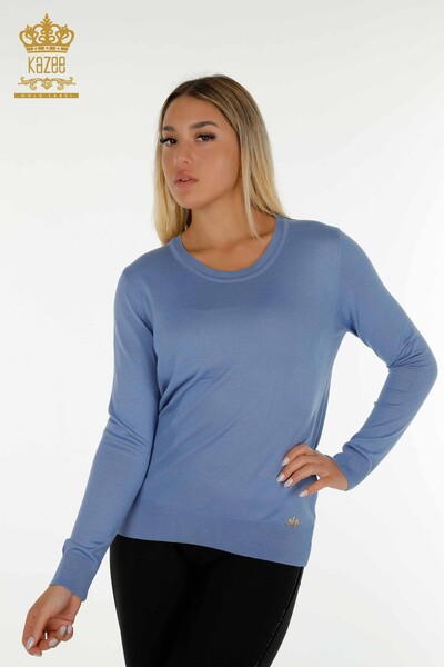 Wholesale Women's Knitwear Sweater Basic with Logo Dark Blue - 11052 | KAZEE - Thumbnail
