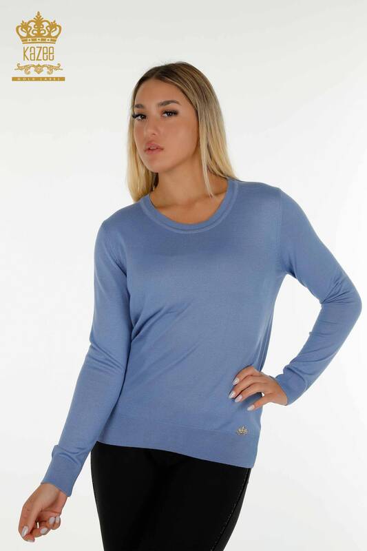 Wholesale Women's Knitwear Sweater Basic with Logo Dark Blue - 11052 | KAZEE