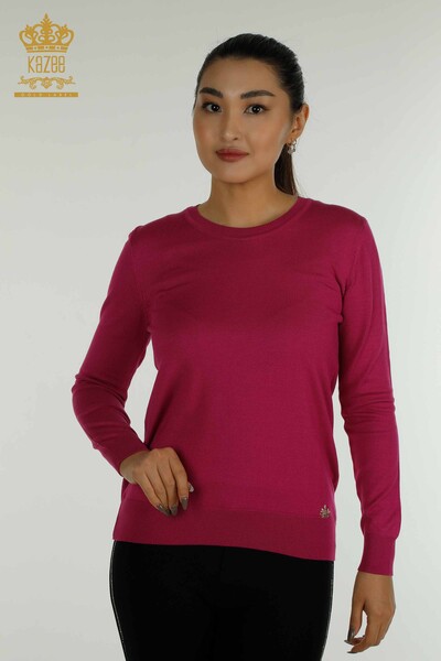 Wholesale Women's Knitwear Sweater Basic with Logo Dark Fuchsia - 11052 | KAZEE - Thumbnail
