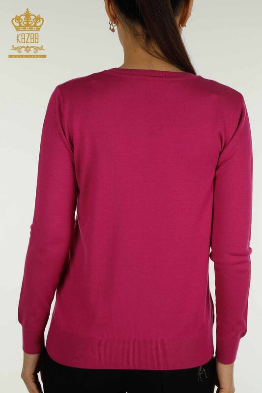 Wholesale Women's Knitwear Sweater Basic with Logo Dark Fuchsia - 11052 | KAZEE