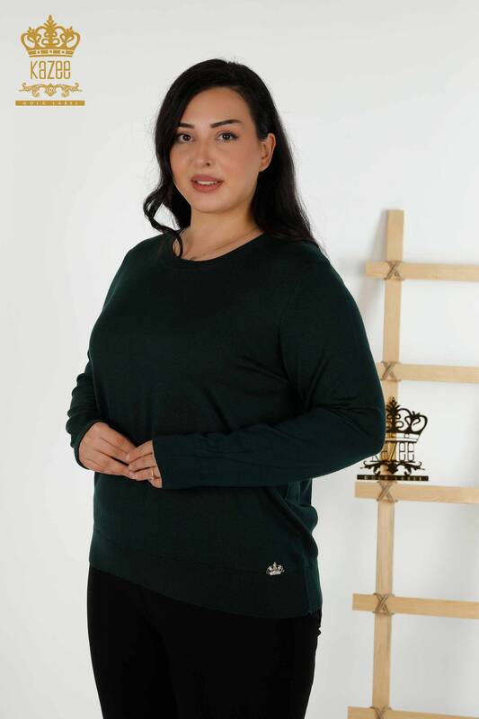 Wholesale Women's Knitwear Sweater - Basic - With Logo - Dark Green - 30213 | KAZEE