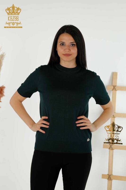 Wholesale Women's Knitwear Sweater - Basic - With Logo - Dark Green - 30254 | KAZEE