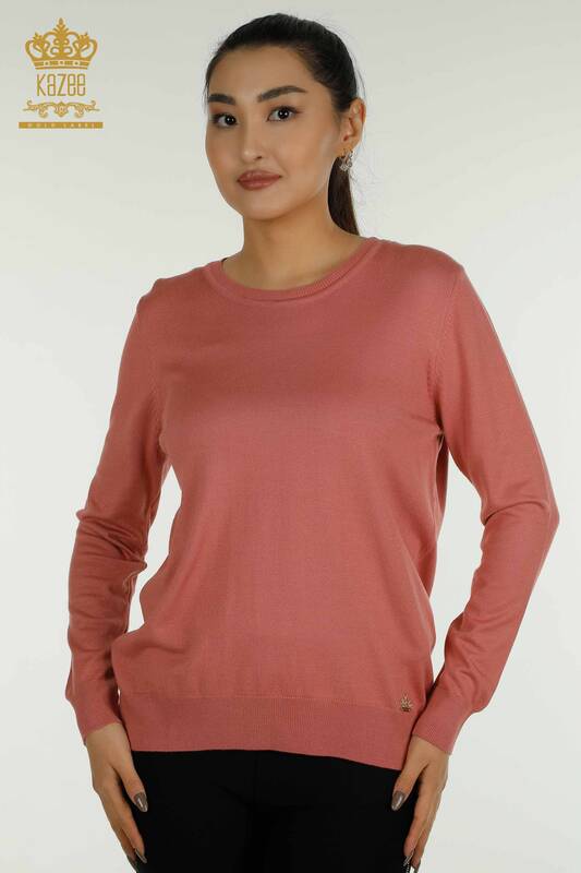 Wholesale Women's Knitwear Sweater Basic with Logo Dusty Rose - 11052 | KAZEE