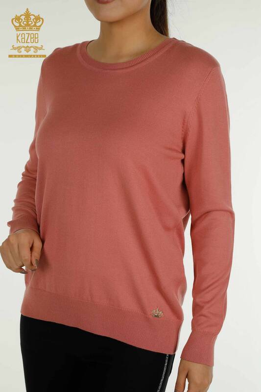 Wholesale Women's Knitwear Sweater Basic with Logo Dusty Rose - 11052 | KAZEE