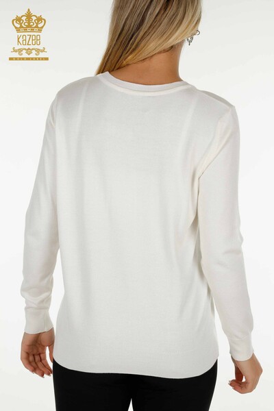 Wholesale Women's Knitwear Sweater Basic with Logo Ecru - 11052 | KAZEE - Thumbnail