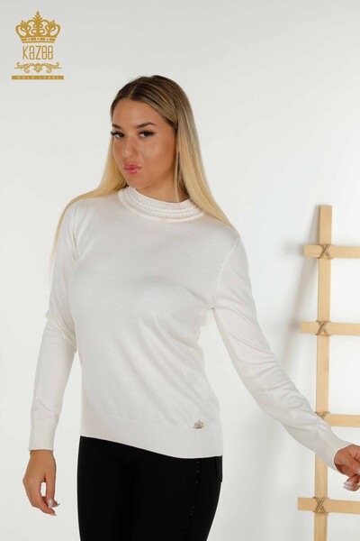 Wholesale Women's Knitwear Sweater Basic with Logo Ecru - 30253 | KAZEE - Thumbnail