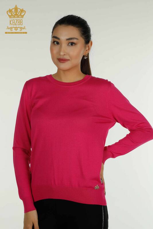 Wholesale Women's Knitwear Sweater Basic with Logo Fuchsia - 11052 | KAZEE