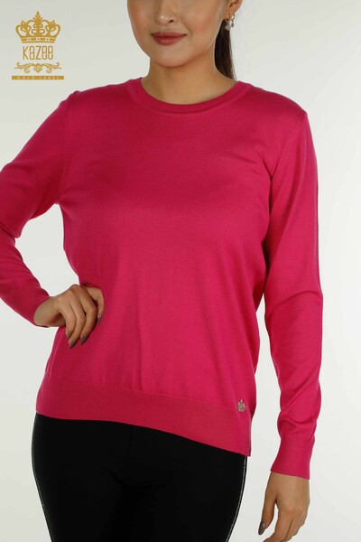 Wholesale Women's Knitwear Sweater Basic with Logo Fuchsia - 11052 | KAZEE - Thumbnail