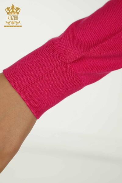 Wholesale Women's Knitwear Sweater Basic with Logo Fuchsia - 11052 | KAZEE - Thumbnail