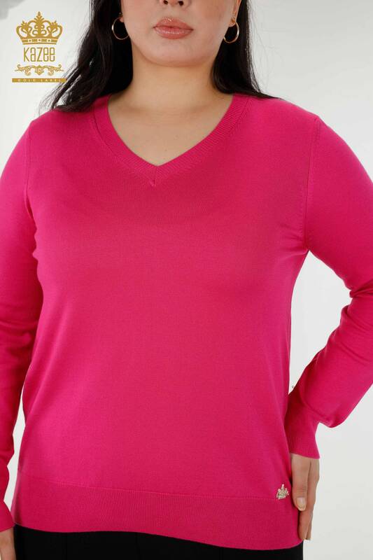 Wholesale Women's Knitwear Sweater Basic Logo Fuchsia - 30181 | KAZEE