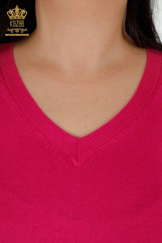 Wholesale Women's Knitwear Sweater Basic Logo Fuchsia - 30181 | KAZEE