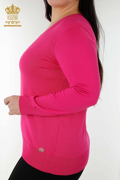 Wholesale Women's Knitwear Sweater Basic Logo Fuchsia - 30181 | KAZEE - Thumbnail