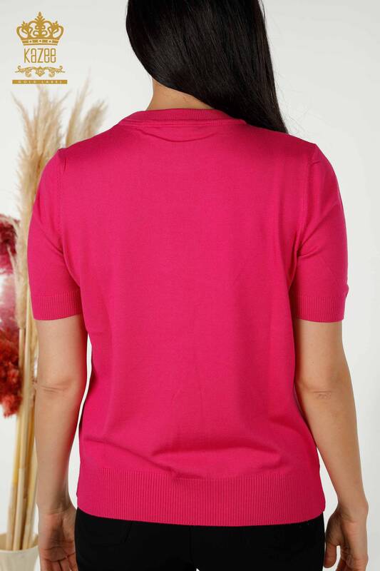 Wholesale Women's Knitwear Sweater - Basic - With Logo - Fuchsia - 30254 | KAZEE