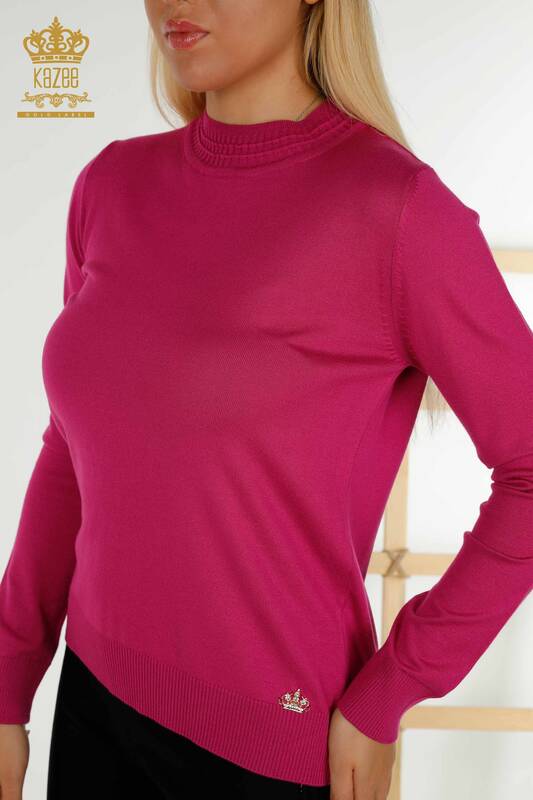 Wholesale Women's Knitwear Sweater Basic Fuchsia with Logo - 30253 | KAZEE