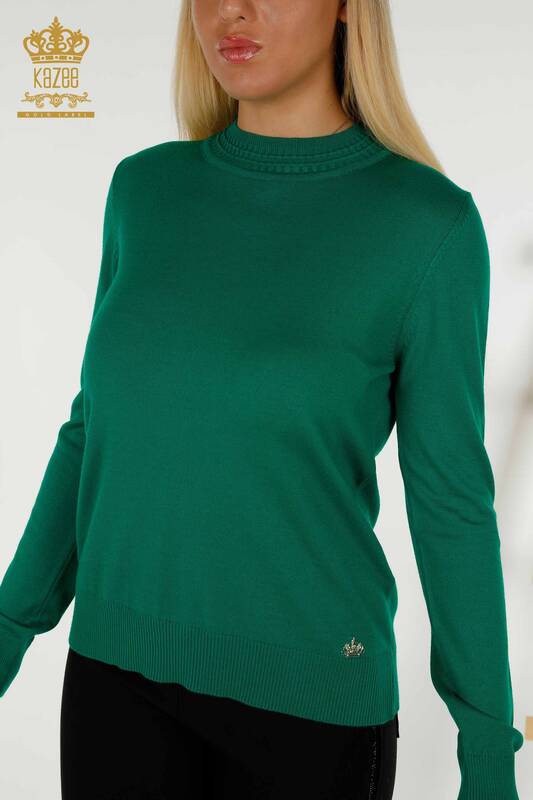 Wholesale Women's Knitwear Sweater Basic Green with Logo - 30253 | KAZEE
