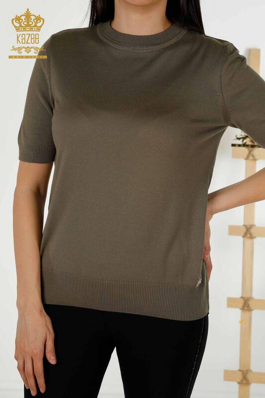 Wholesale Women's Knitwear Sweater - Basic - With Logo - Khaki - 30254 | KAZEE