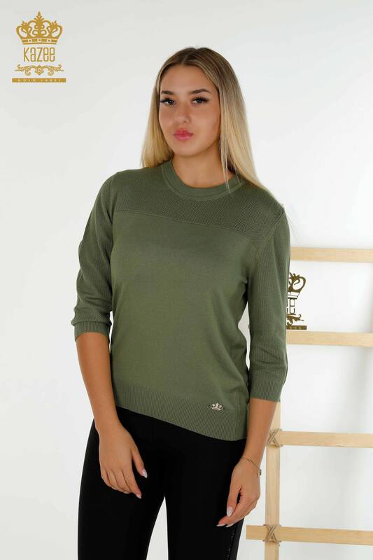 Wholesale Women's Knitwear Sweater Basic Logo Khaki - 30604 | KAZEE
