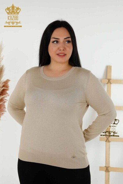 Wholesale Women's Knitwear Sweater Basic Logo Light Beige - 30213 | KAZEE - Thumbnail