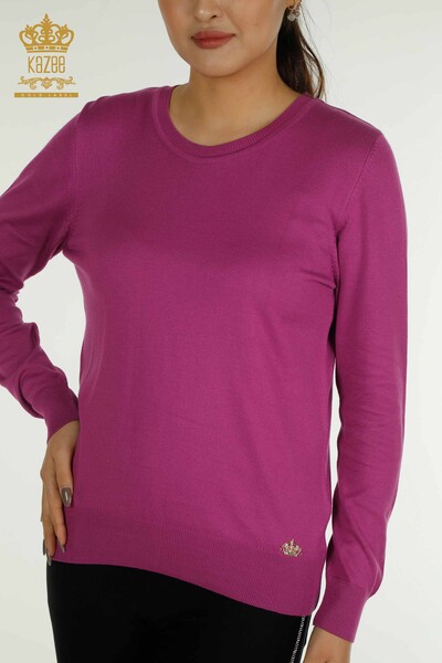 Wholesale Women's Knitwear Sweater Basic with Logo Lilac - 11052 | KAZEE - Thumbnail