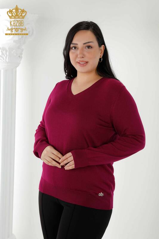 Wholesale Women's Knitwear Sweater Basic Logo Purple - 30181 | KAZEE