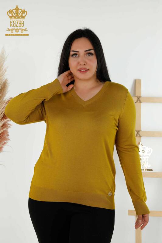 Wholesale Women's Knitwear Sweater Basic Logo Mustard - 30181 | KAZEE