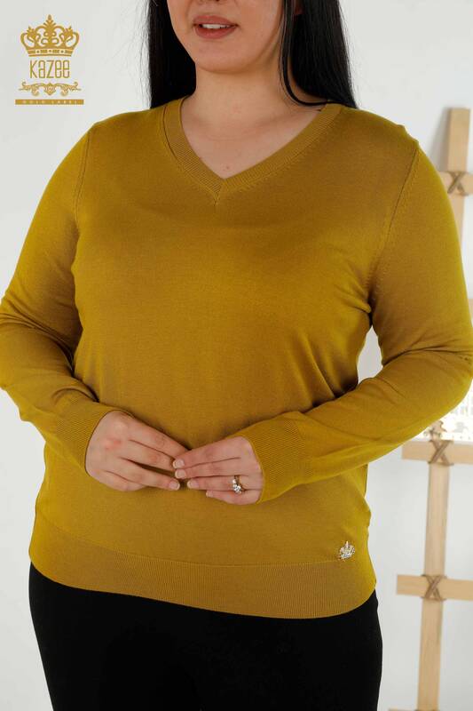 Wholesale Women's Knitwear Sweater Basic Logo Mustard - 30181 | KAZEE