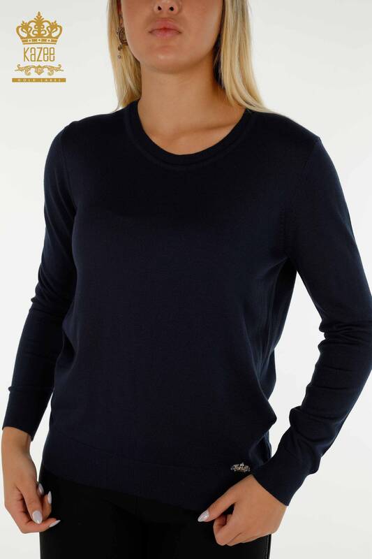 Wholesale Women's Knitwear Sweater Basic with Logo Navy Blue - 11052 | KAZEE