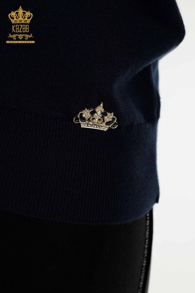 Wholesale Women's Knitwear Sweater Basic with Logo Navy Blue - 11052 | KAZEE - Thumbnail