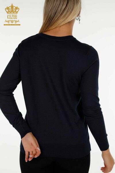 Wholesale Women's Knitwear Sweater Basic with Logo Navy Blue - 11052 | KAZEE - Thumbnail