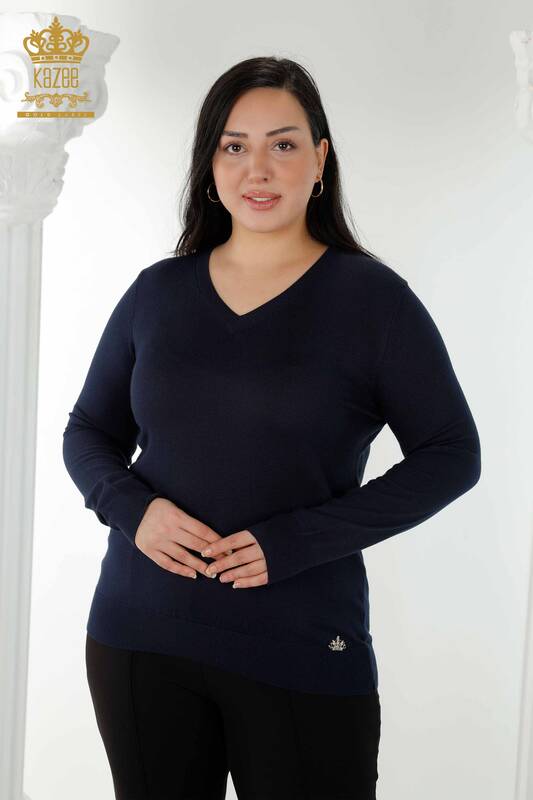 Wholesale Women's Knitwear Sweater Basic Logo Navy - 30181 | KAZEE