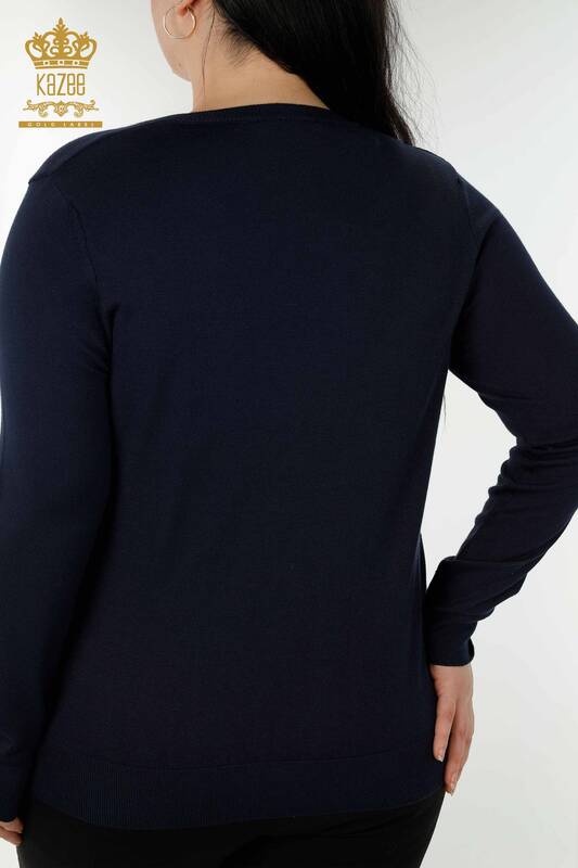 Wholesale Women's Knitwear Sweater Basic Logo Navy - 30181 | KAZEE
