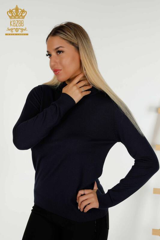 Wholesale Women's Knitwear Sweater Basic with Logo Navy Blue - 30253 | KAZEE