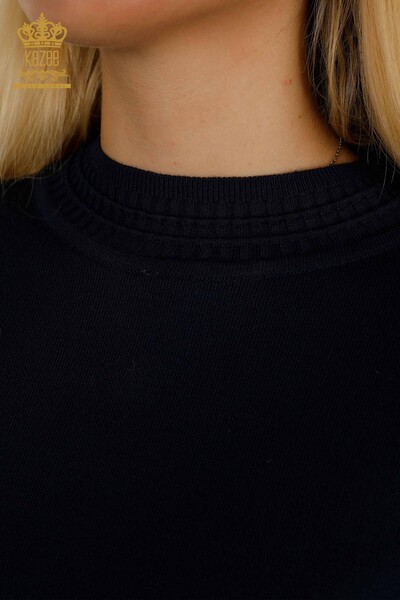 Wholesale Women's Knitwear Sweater Basic with Logo Navy Blue - 30253 | KAZEE - Thumbnail