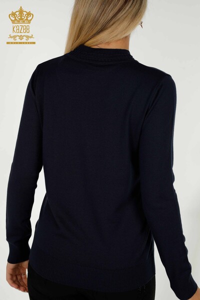 Wholesale Women's Knitwear Sweater Basic with Logo Navy Blue - 30253 | KAZEE - Thumbnail