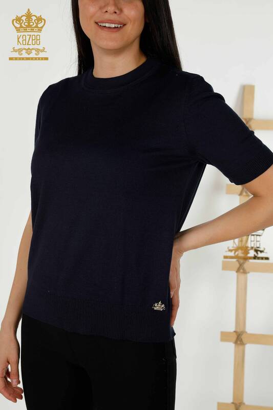 Wholesale Women's Knitwear Sweater - Basic - With Logo - Navy Blue - 30254 | KAZEE