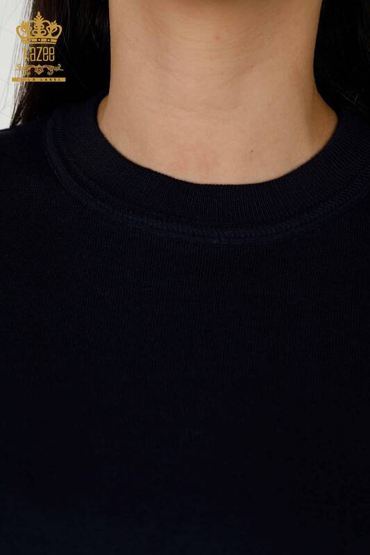 Wholesale Women's Knitwear Sweater - Basic - With Logo - Navy Blue - 30254 | KAZEE