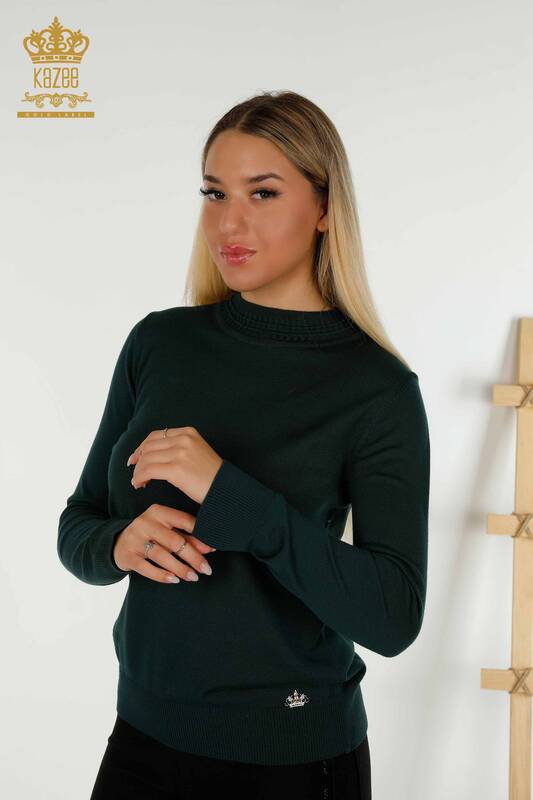 Wholesale Women's Knitwear Sweater Basic Dark Green with Logo - 30253 | KAZEE