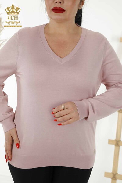 Wholesale Women's Knitwear Sweater - Basic - With Logo - Powder - 30181 | KAZEE - Thumbnail