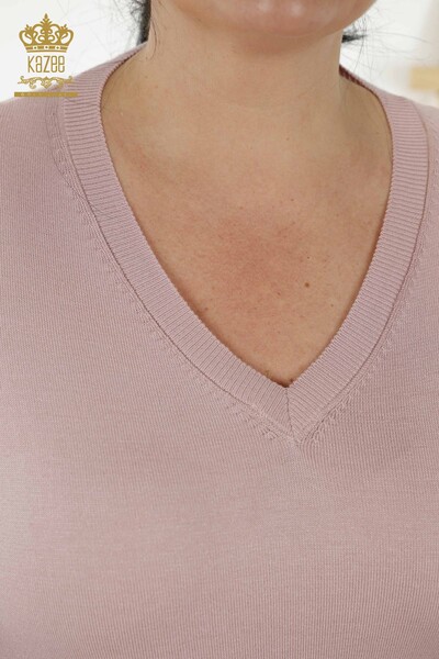 Wholesale Women's Knitwear Sweater - Basic - With Logo - Powder - 30181 | KAZEE - Thumbnail