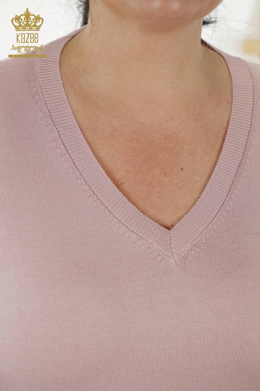 Wholesale Women's Knitwear Sweater - Basic - With Logo - Powder - 30181 | KAZEE