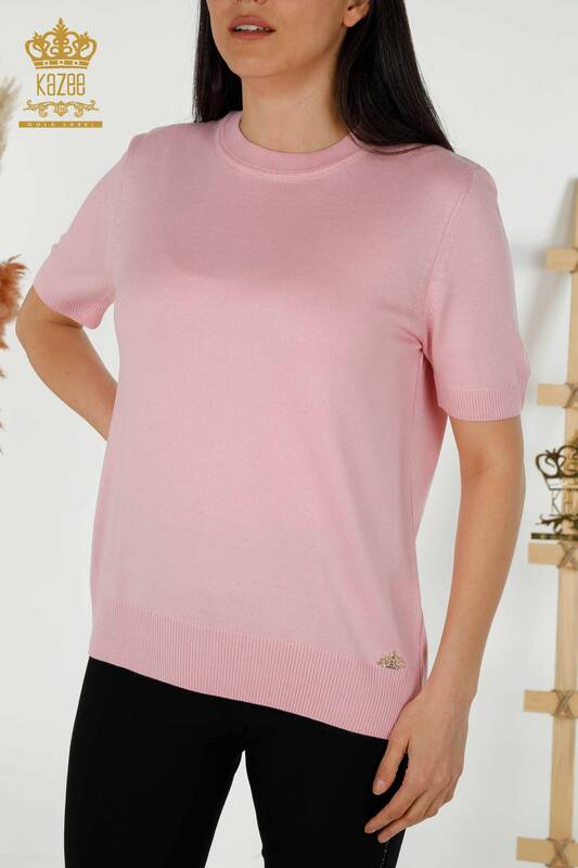 Wholesale Women's Knitwear Sweater - Basic - With Logo - Powder - 30254 | KAZEE