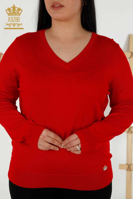 Wholesale Women's Knitwear Sweater Basic Logo Red - 30181 | KAZEE