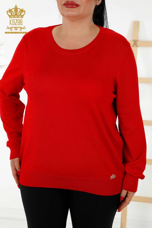 Wholesale Women's Knitwear Sweater - Basic - With Logo - Red - 30213 | KAZEE